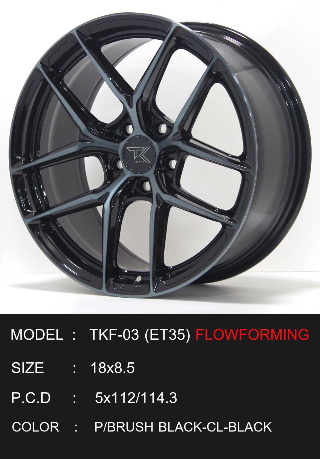ล้อแม็ก ล้อแม็กใหม่ FlowForming TKF-03 5รู112/114 ET35 ดำหน้าเงาแลคดำ 8.5-18นิ้ว 