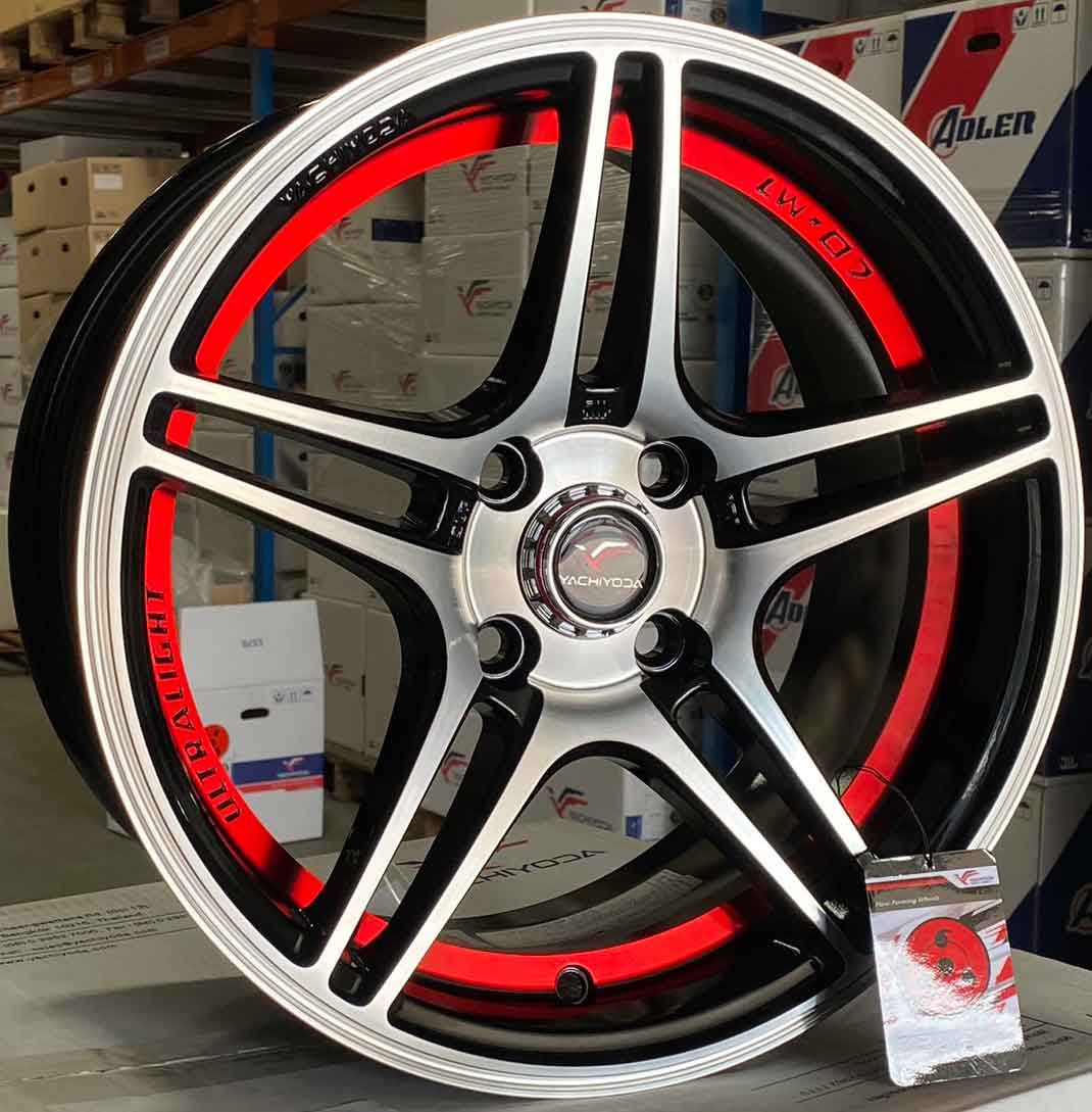 ล้อแม็ก ล้อแม็กใหม่ FlowForming Yachiyoda LW07 4รู100 ET35 ดำหน้าเงาอันเดอร์คัตแดง 7-15นิ้ว 