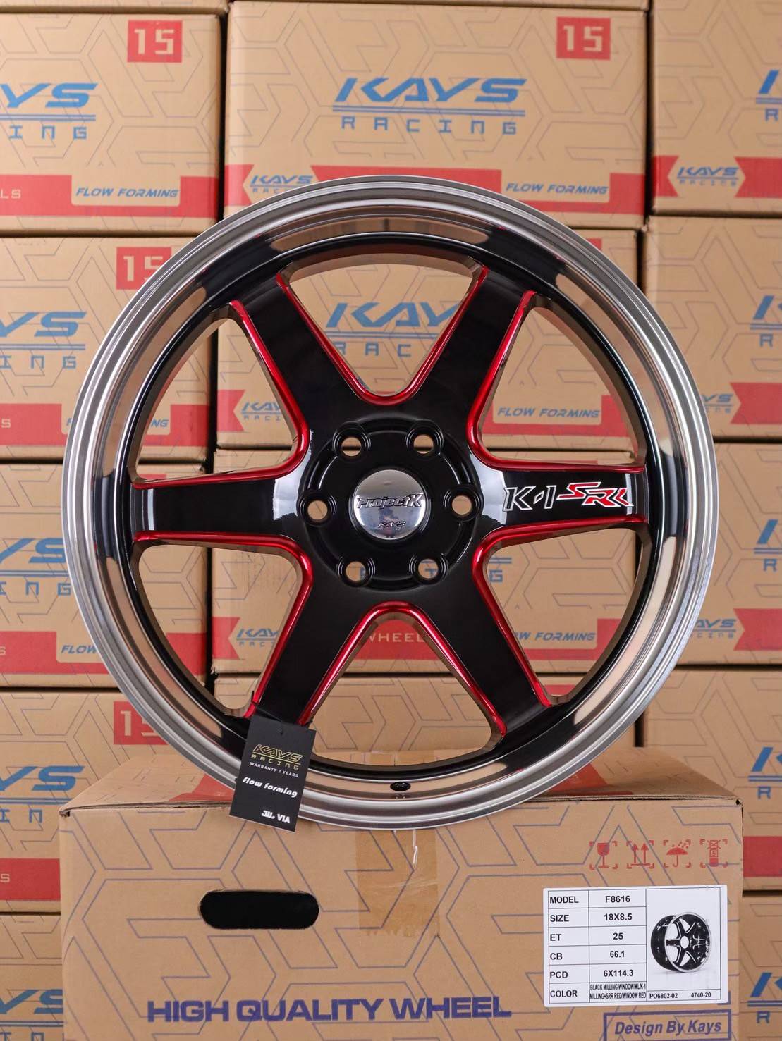  ล้อแม็ก K1 6รู114.3 ET25 ดำมิลลิ่งแดง กว้าง8.5 ขอบ18นิ้ว(นาวาร่า)