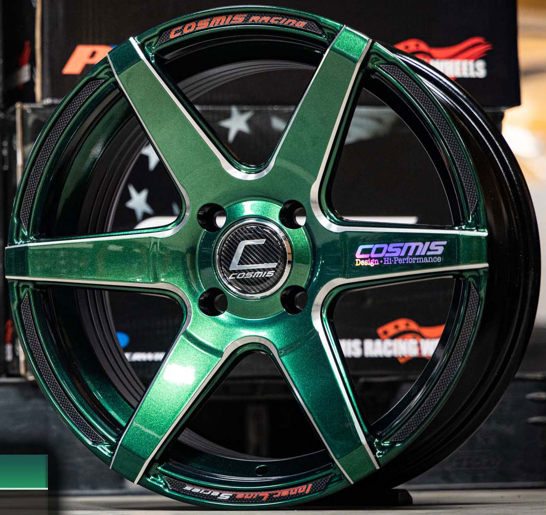 ล้อแม็ก ล้อแม็กใหม่ Cosmis S1 4รู100 สีพิเศษดำก้านเขียวมิลลิ่ง 7-15นิ้ว