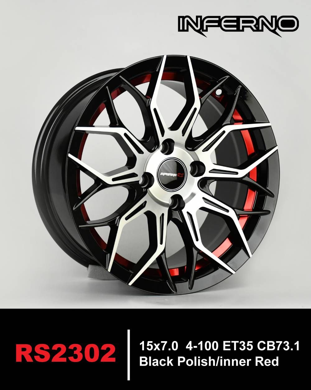 ล้อแม็ก ล้อแม็กใหม่ INFERNO RS 2302 4รู100 ET35 สีดำหน้าเงาคัตแดง 7-15นิ้ว 