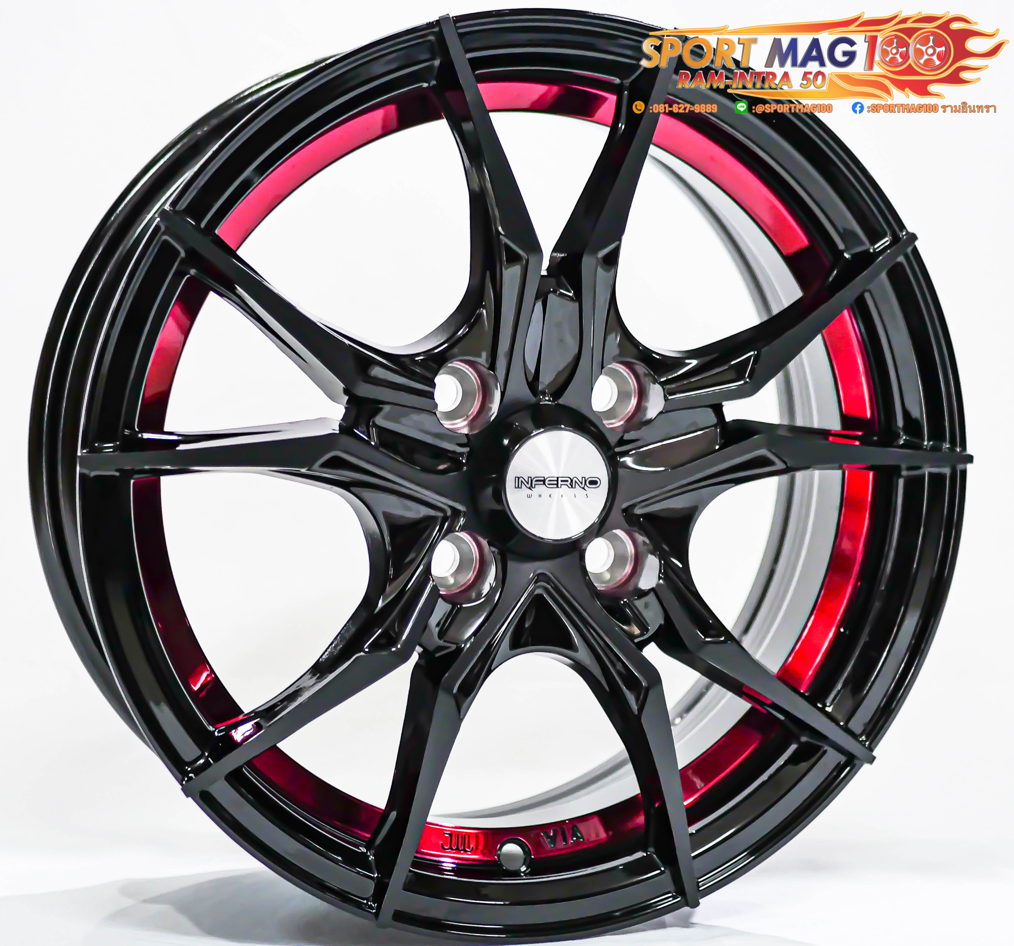 ล้อแม็ก ล้อแม็กใหม่ Inferno Everest 4รู100 ET35 สีพิเศษดำคัตแดงแร็พก้านดำ 5.5-14นิ้ว